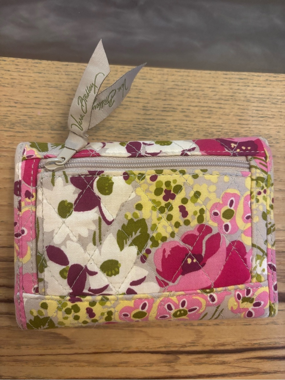 Vera Bradley Pink Floral Quilted Zip Wallet with Green Accents